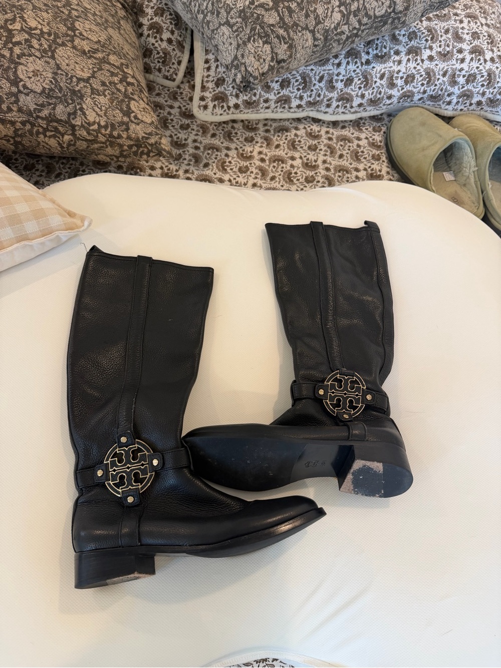 Tory Burch Black Leather Over-the-Knee Boots with Gold Logo Medallion